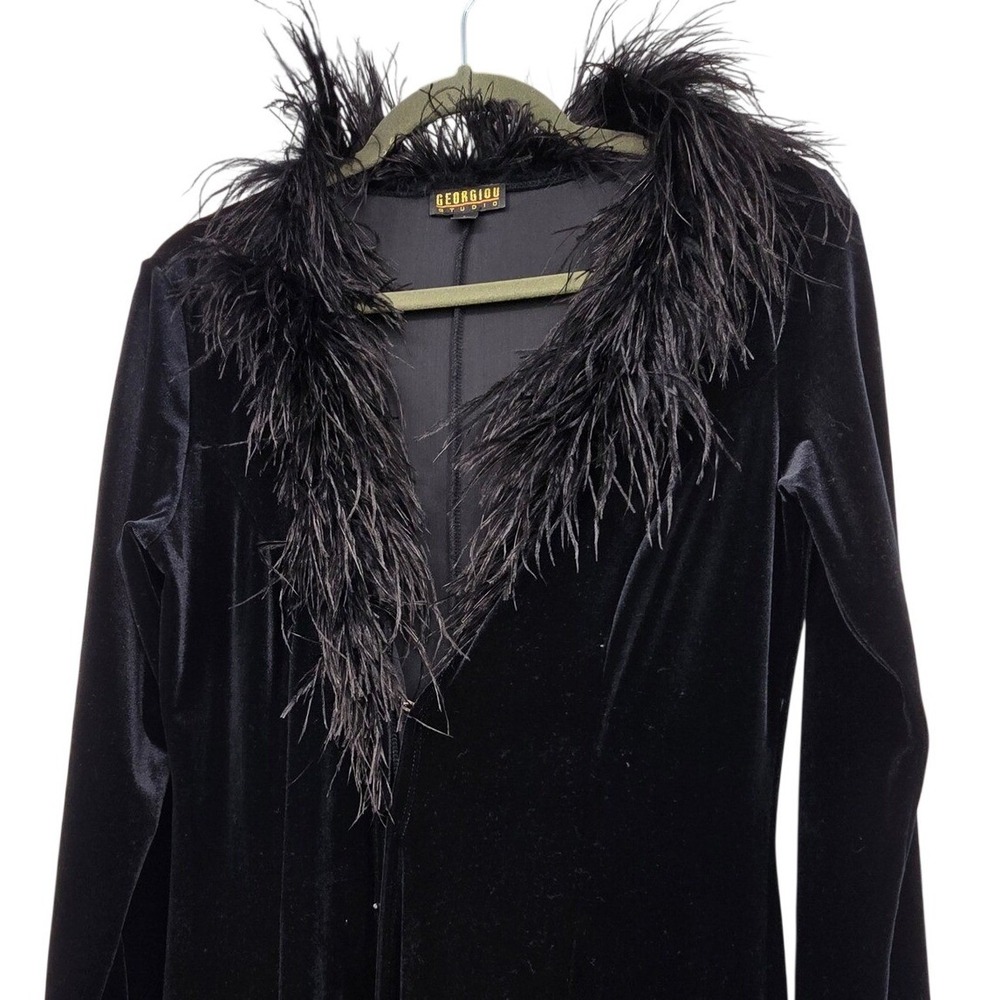 Vintage‎ 90s Y2K Velvet Feather Maxi Coat Dress Womens L Black Whimsigoth Gothic